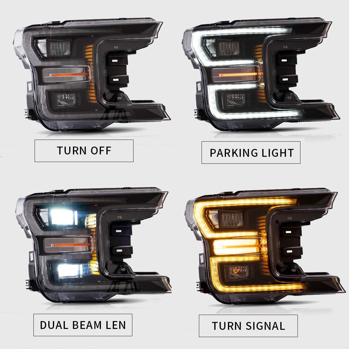 LED Projector Headlights and Clear Tail Lights with Red Turn Signal Lights for Ford F150 2018 2019 2020 F58213