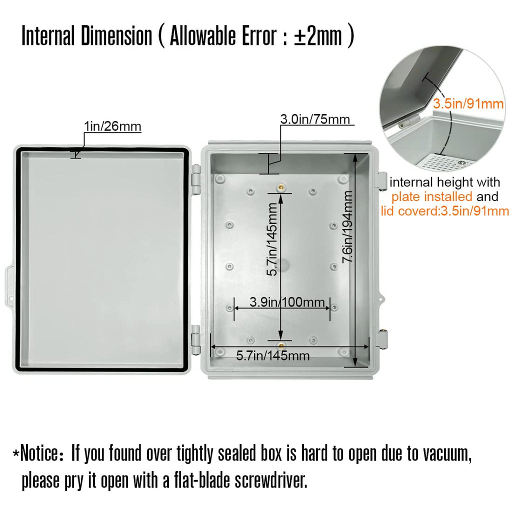 ABS Junction Box Hinged Cover Stainless Steel Latch IP67 Waterproof Plastic Universal Enclosure 8.7x6.7x4.3 inch O42320