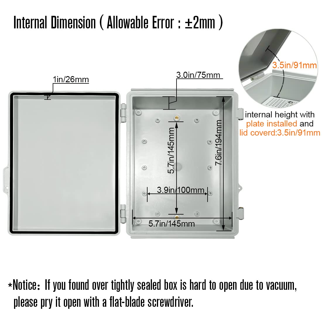 ABS Junction Box Hinged Cover Stainless Steel Latch IP67 Waterproof Plastic Universal Enclosure 8.7x6.7x4.3 inch O42320