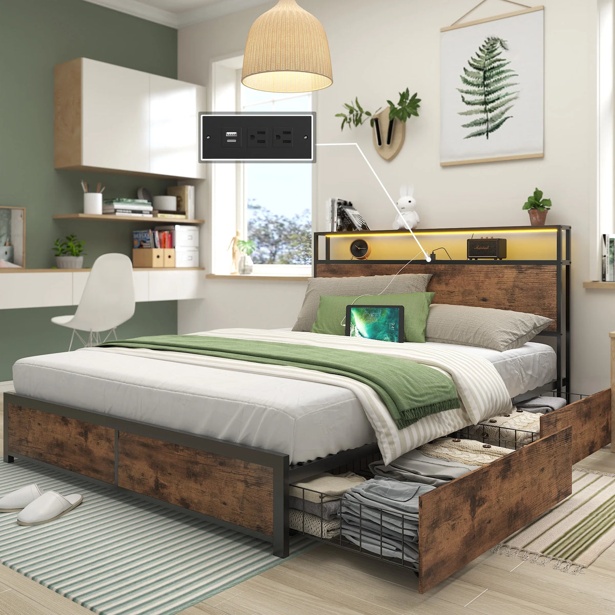 Queen Bed Frame with Headboard, Charging Station, LED, 4 Storage Drawers, Metal Support, Vintage Brown D263894