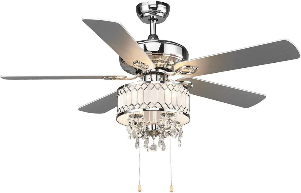 Silver Crystal Ceiling Fan with Lights, 5 Iron Reversible Blades L75463