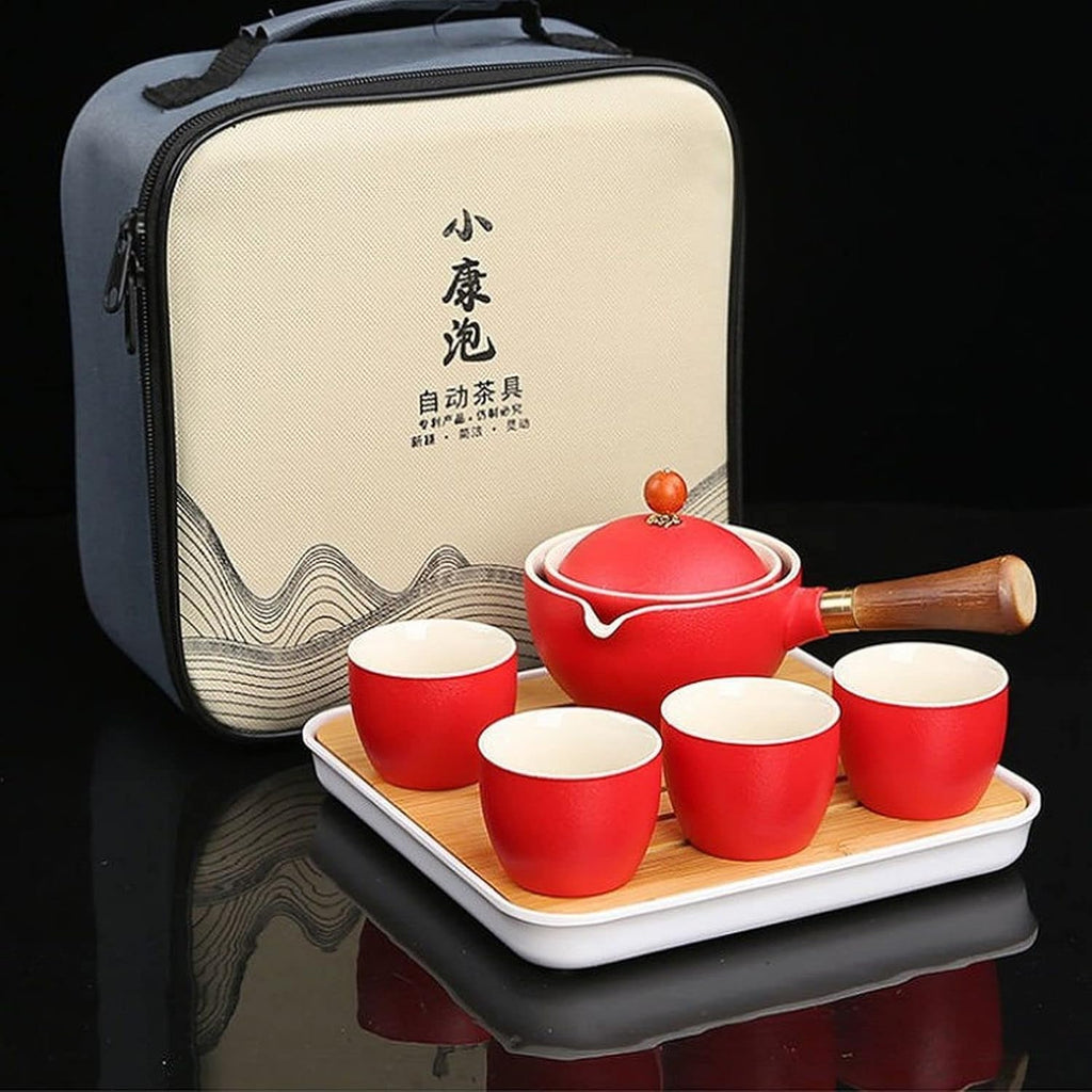 Ceramic Portable Travel Tea Set with 360 Rotation Teapot, 4 Tea Cups, Bamboo Tea Tray and Travel Bag N238