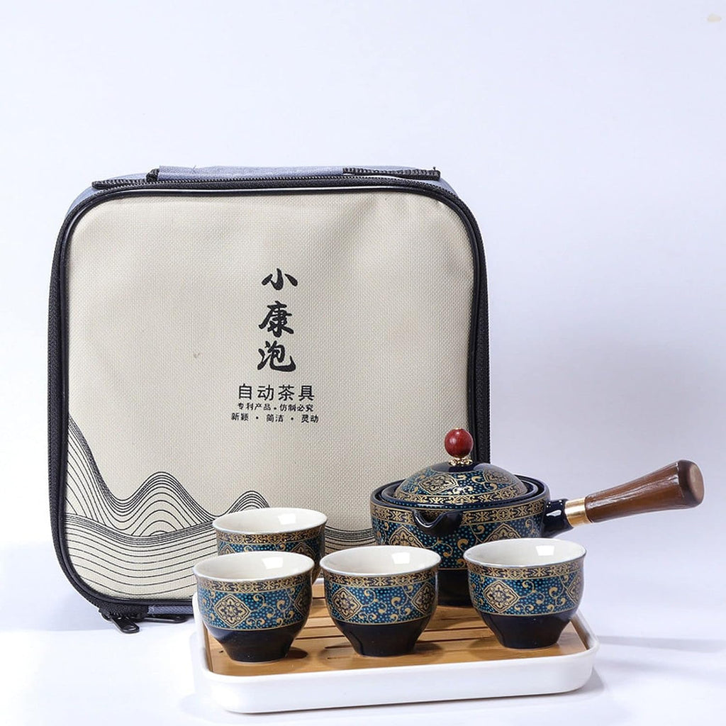 Ceramic Portable Travel Tea Set with 360 Rotation Teapot, 4 Tea Cups, Bamboo Tea Tray and Travel Bag N238
