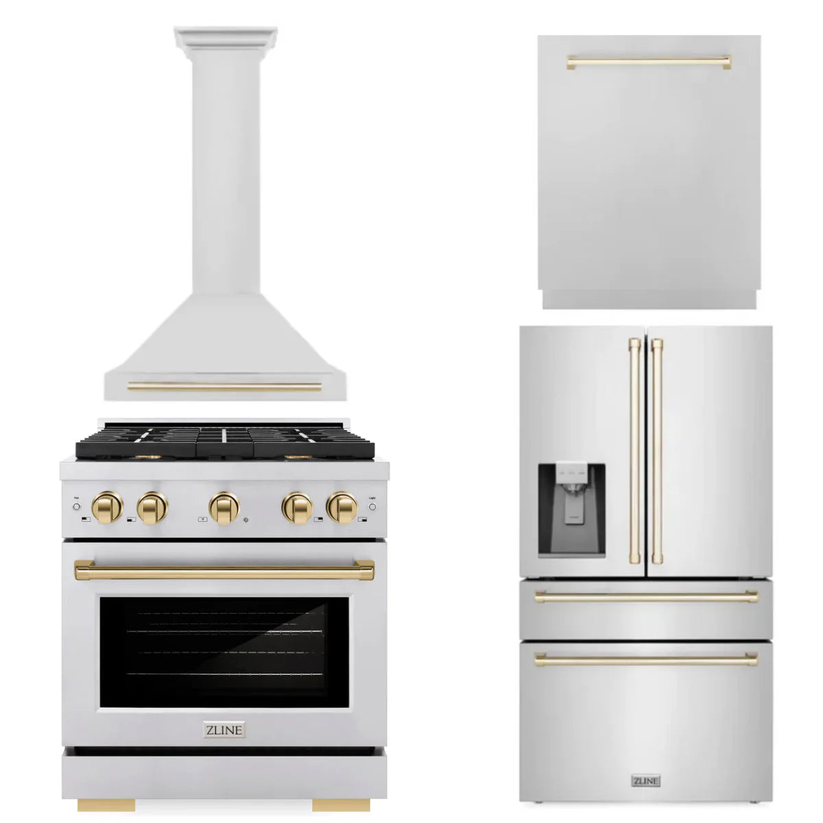 30 In. Gas Range, Range Hood, Refrigerator, and Dishwasher in Stainless Steel J791328
