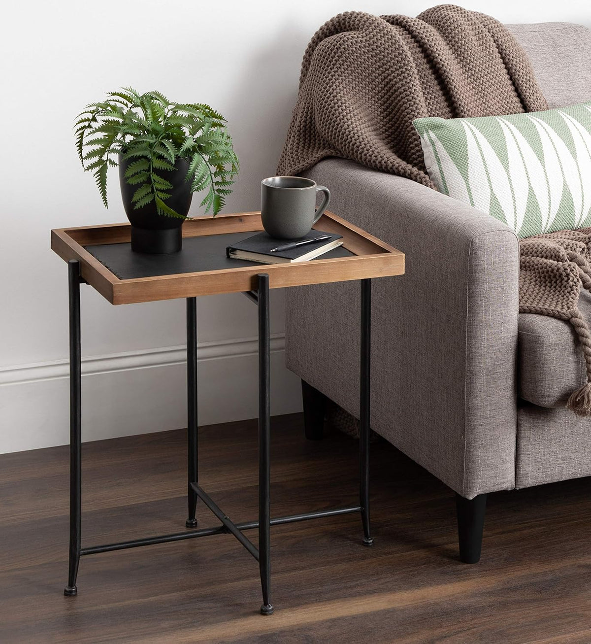 Rustic Brown Wood and Slate Side Accent Table with Black Iron Metal Base D47678