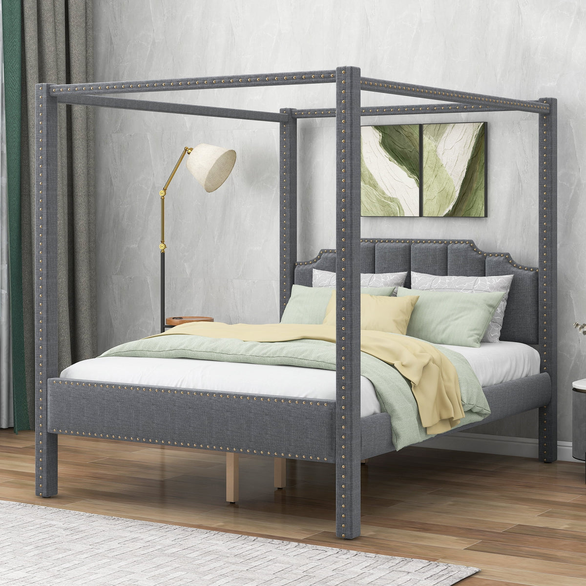 Queen Size Gray Upholstery Canopy Platform Bed with Headboard M2913