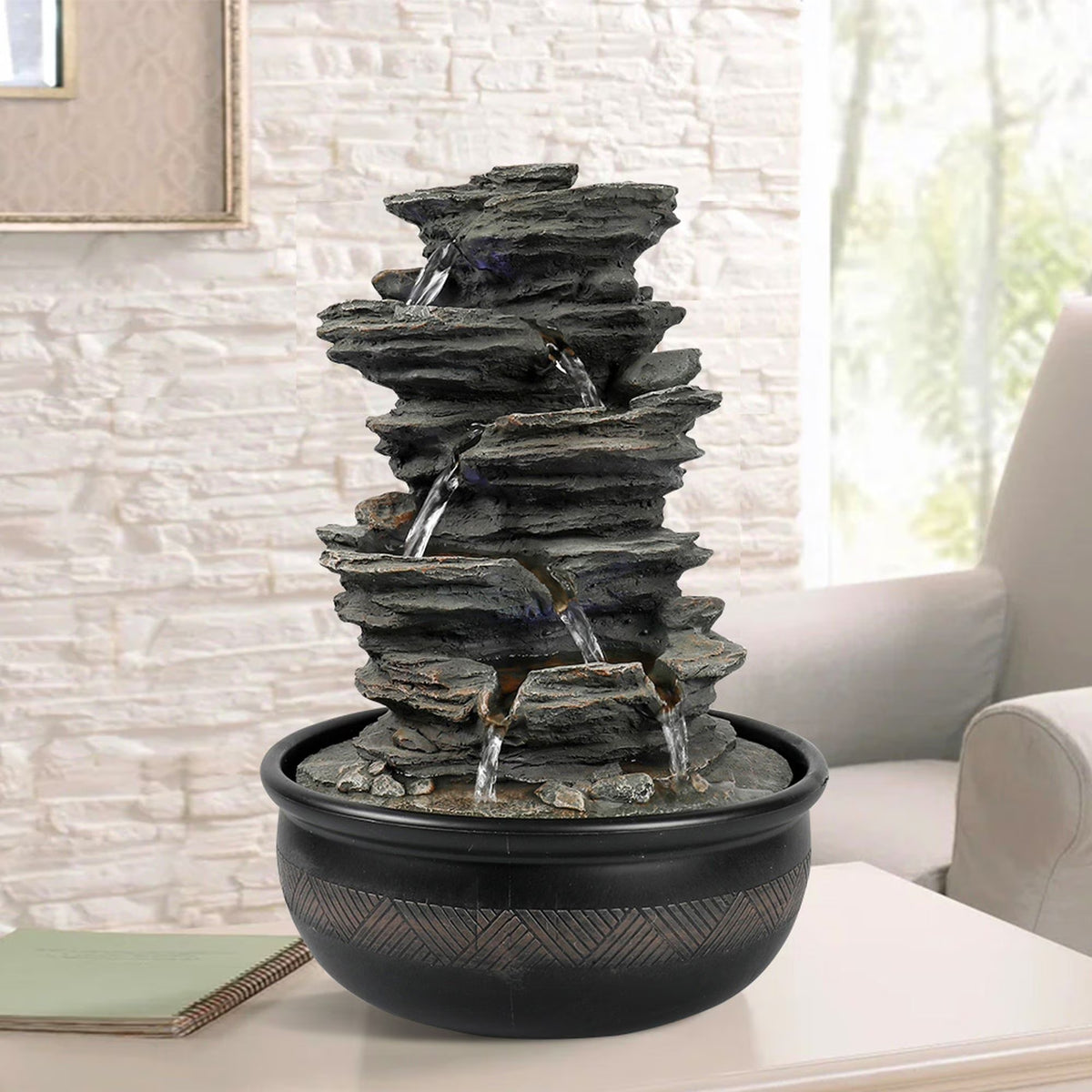 Tabletop Water Fountain with LED Light, Indoor Rock Resin Fountain S53166