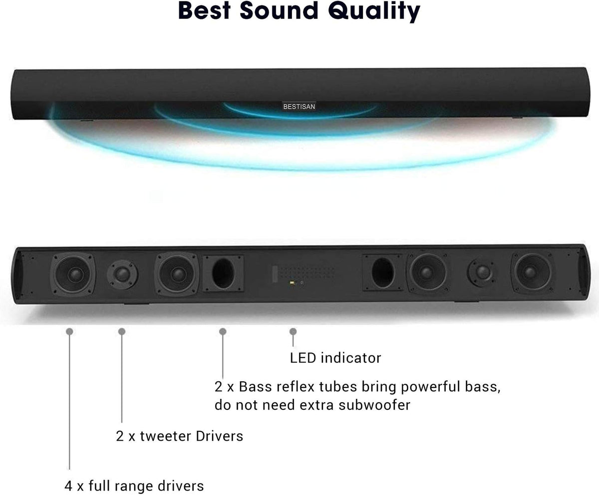 Sound Bar with Bluetooth 5.0, 40 Inch, 6 Drivers, 105dB, Wall Mountable Y9384