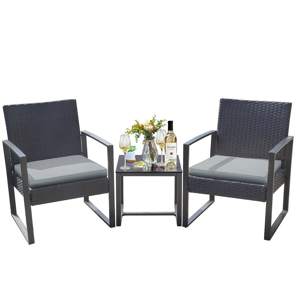 3 Pieces Cushioned PE Rattan Bistro Chairs Set of 2 with Coffee Table B429