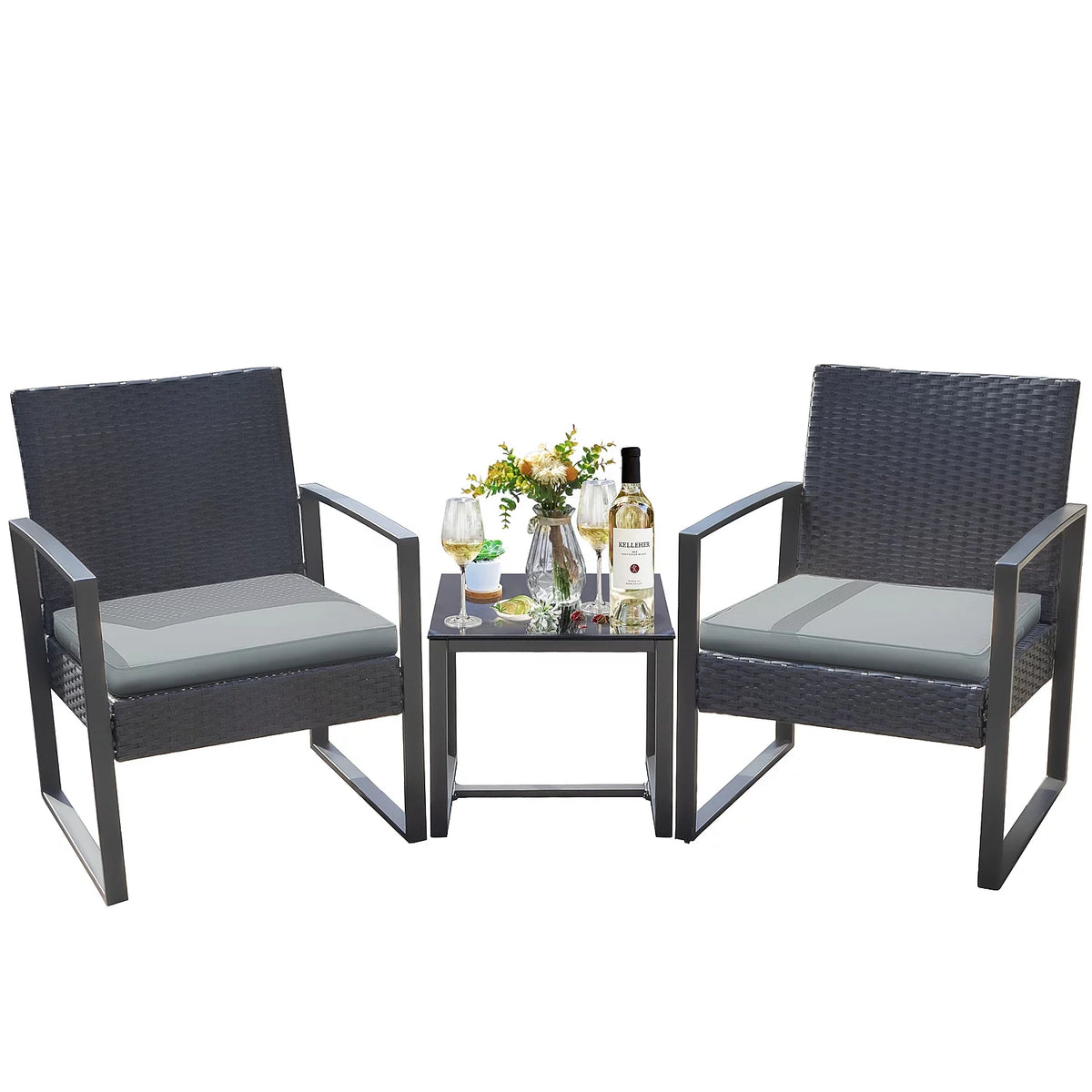 3 Pieces Cushioned PE Rattan Bistro Chairs Set of 2 with Coffee Table B429
