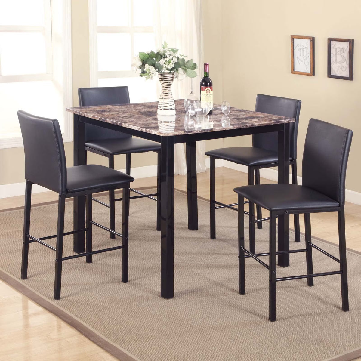 Black Counter Dining Set with Laminated Faux Marble Top F4490