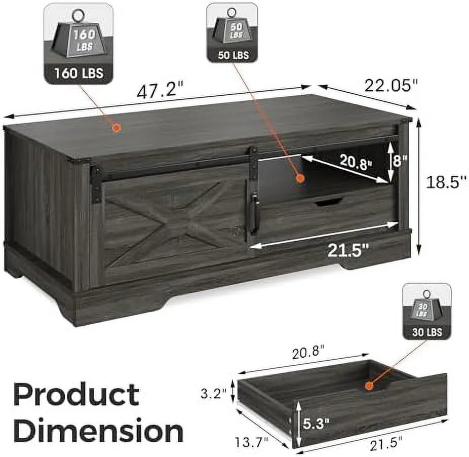Dark Grey 48'' Rustic Coffee Table with Sliding Barn Door F732