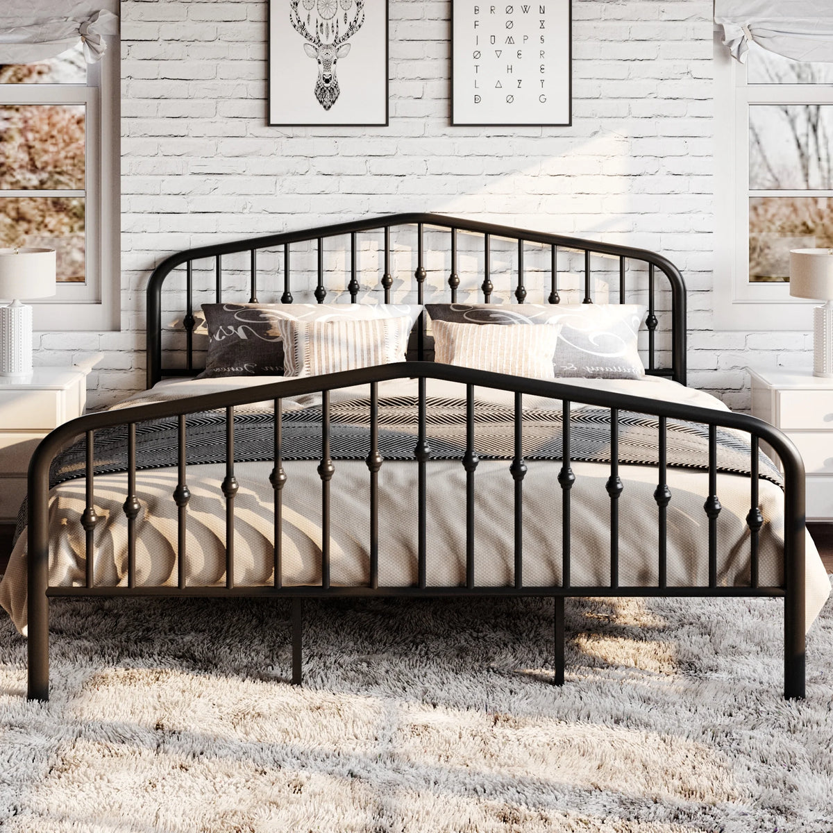Black Queen Size Metal Platform Bed Frame with Headboard and Underbed Storage E8415