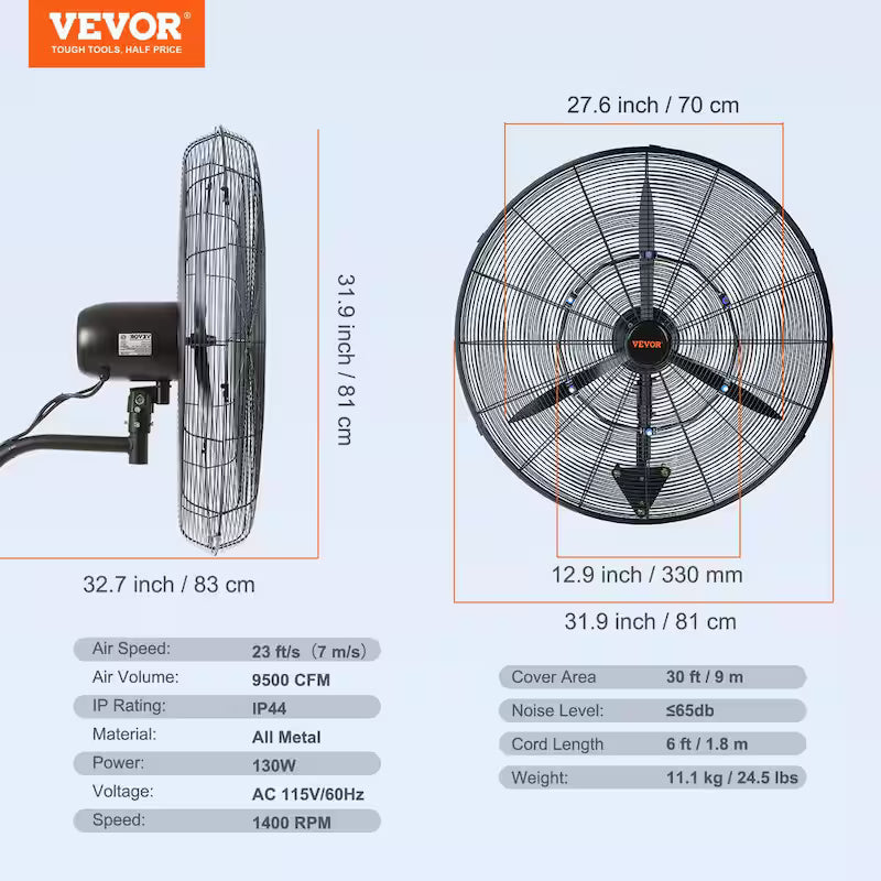 Wall-Mount Misting Fan 30 in. 3-Speed 9500 CFM Waterproof Oscillating Industrial Wall Fan X4467