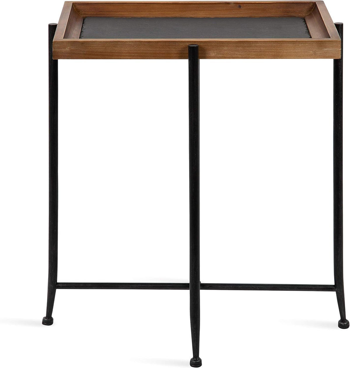 Rustic Brown Wood and Slate Side Accent Table with Black Iron Metal Base D47678