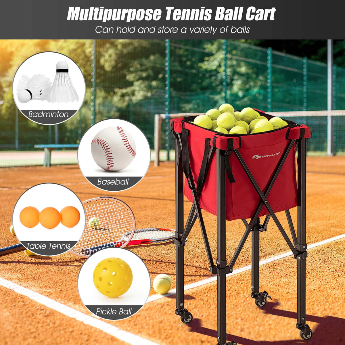 Foldable Tennis Ball Hopper Basket with Wheels & Bag Blue C56896