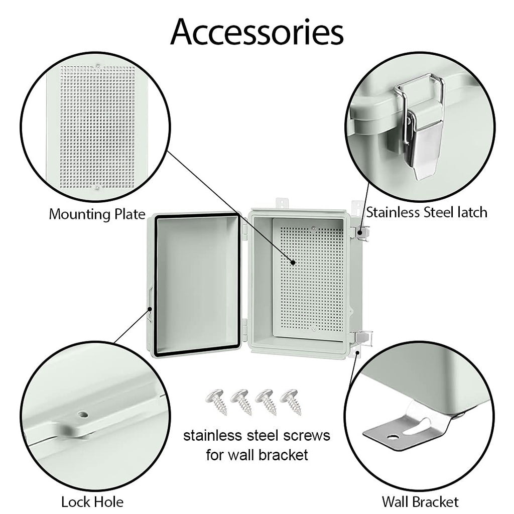 ABS Junction Box Hinged Cover Stainless Steel Latch IP67 Waterproof Plastic Universal Enclosure 8.7x6.7x4.3 inch O42320
