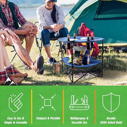 Round 2-Tier Folding Camp Table with 4 Cupholders and Carrying Bag Z643344