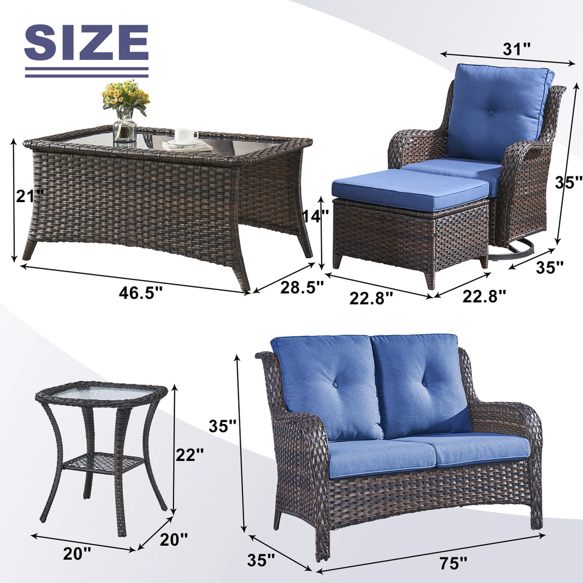 Blue 7Pcs Outdoor Rattan Patio Furniture Set with Cushion C160390