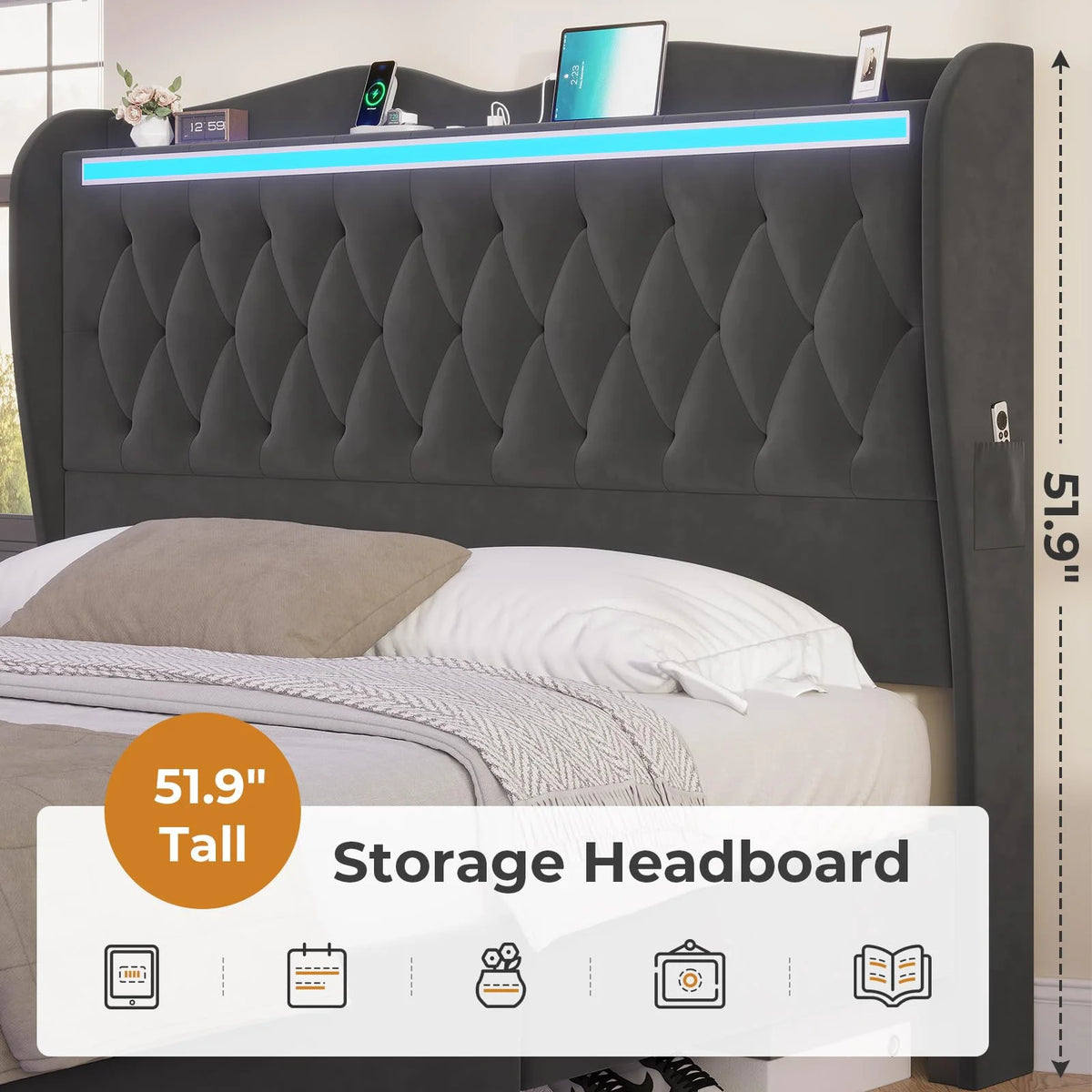 LED Full Size Bed Frame with Storage Headboard and Charging Station B47559