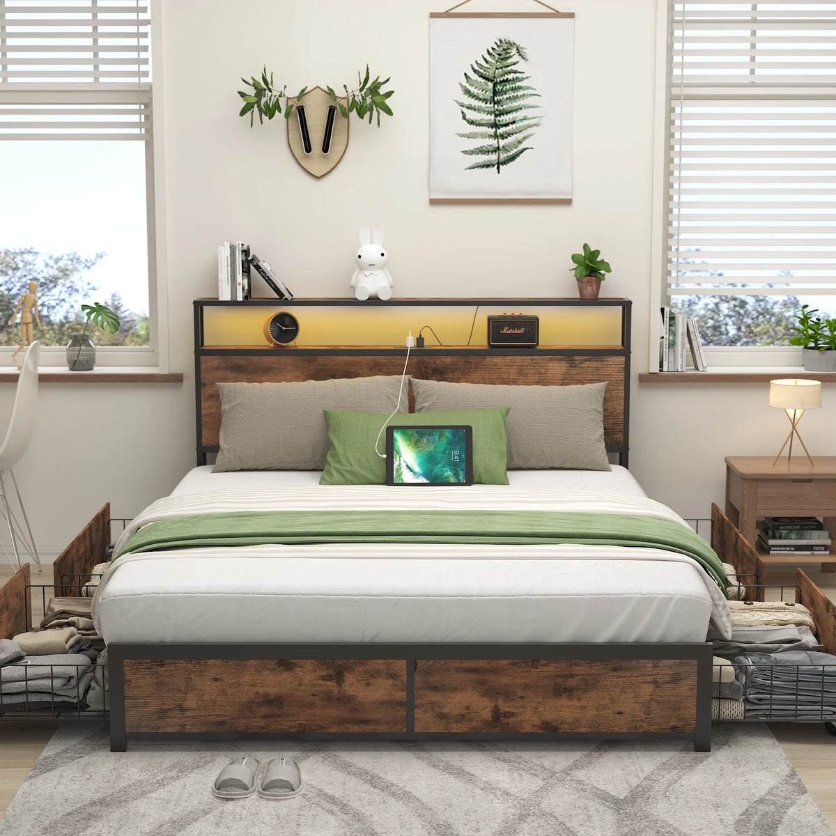 Queen Bed Frame with Headboard, Charging Station, LED, 4 Storage Drawers, Metal Support, Vintage Brown D263894