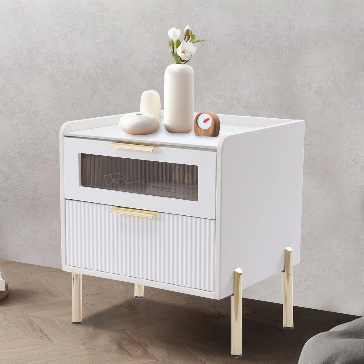 White 2 Drawer Wood End Table U5472