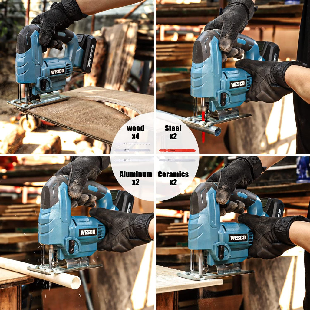 Cordless Jigsaw Tool with Battery, 2500SPM, ±45° Bevel, Adjustable Aluminum Base, LED Light, Pack of 2 S291