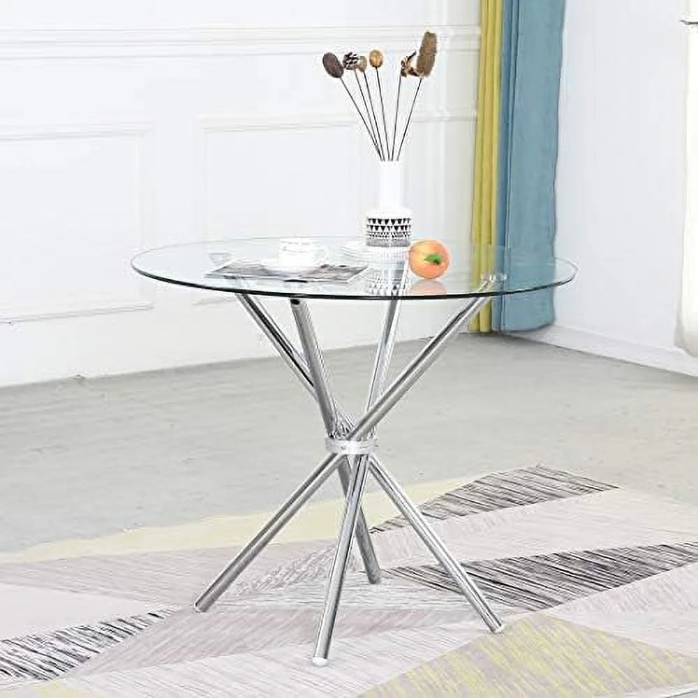 Round Glass Dining Table with Clear Tempered Glass Top 4 Chrome Legs Q885921