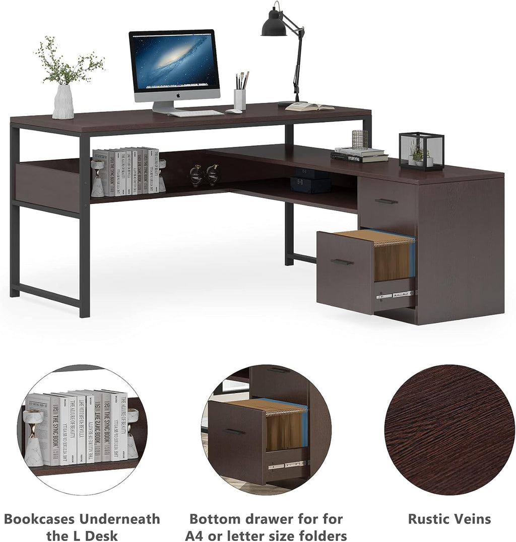 Cherry L-Shaped Computer Desk with Bookshelf and File Cabinet A944