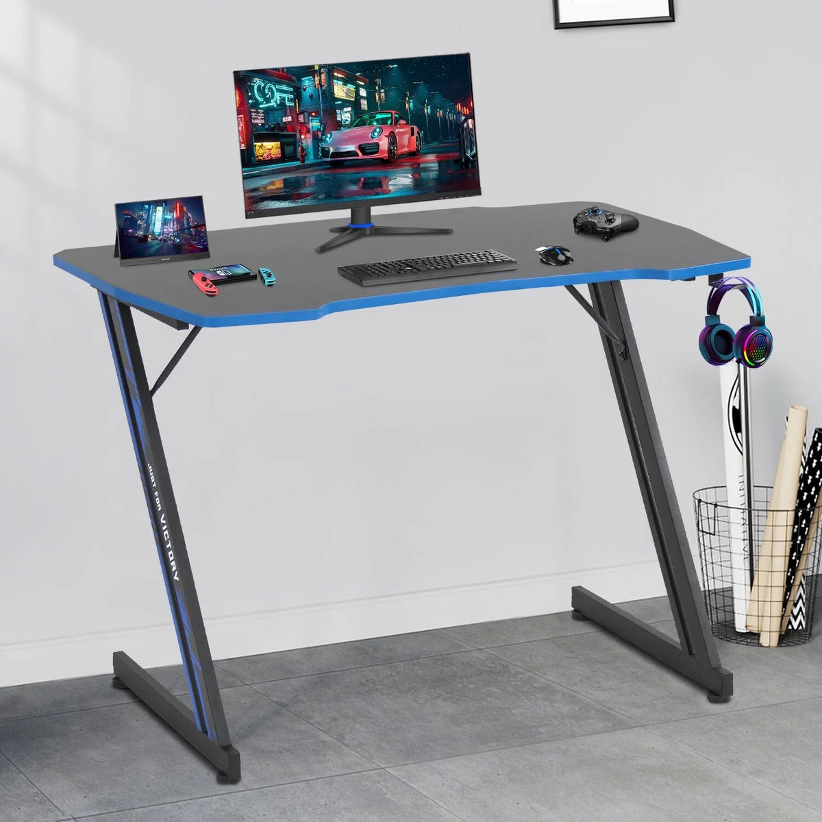 Gaming Desk Z Shaped 39in Ergonomic Gaming Table with Headphone Hook T319