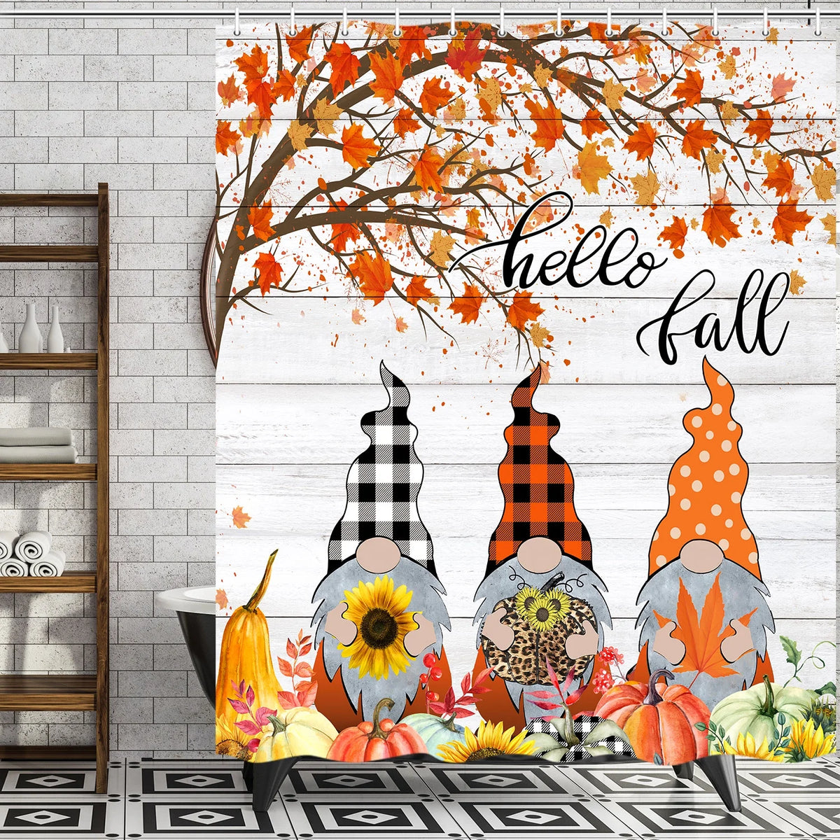 Fall Gnome with Pumpkin Shower Curtain, 72"x72"inch, Durable Fabric with 12 Hooks Q354759