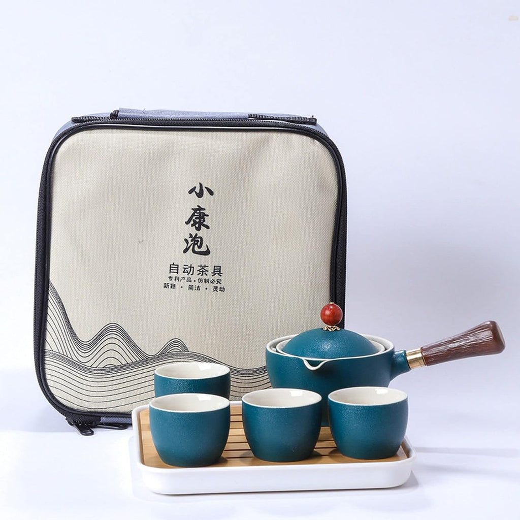 Ceramic Portable Travel Tea Set with 360 Rotation Teapot, 4 Tea Cups, Bamboo Tea Tray and Travel Bag N238