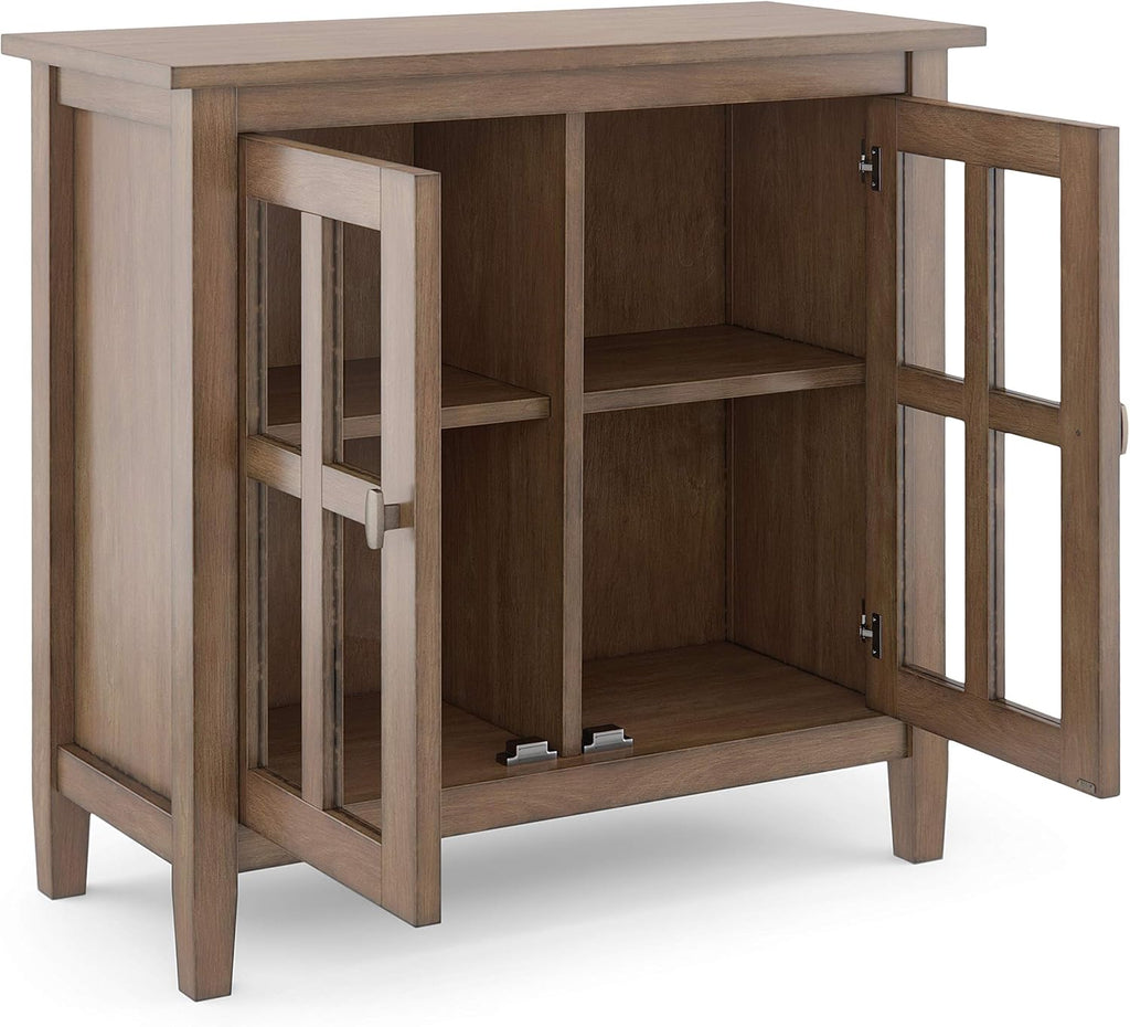 Rustic Natural Aged Brown Solid Wood Low Storage Cabinet with 2 Adjustable Shelves and Tempered Glass Door C63117