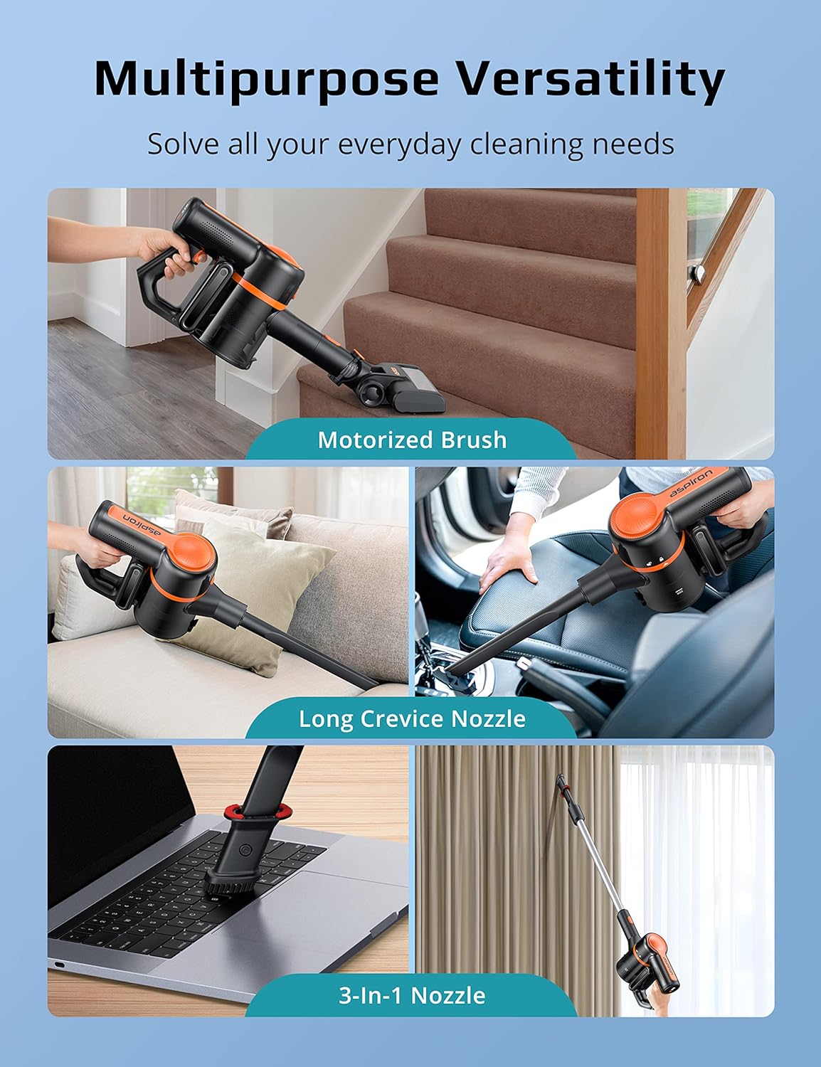Cordless Stick Vacuum 6 in 1 with 2500 mAh Battery, 40mins Runtime, Brushless Motor, LED Light C3183