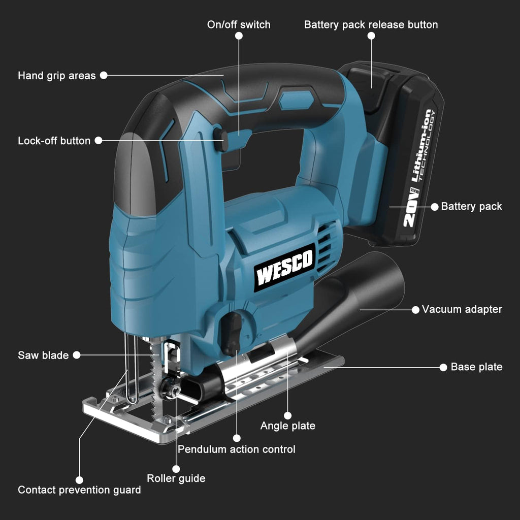 Cordless Jigsaw Tool with Battery, 2500SPM, ±45° Bevel, Adjustable Aluminum Base, LED Light, Pack of 2 S291